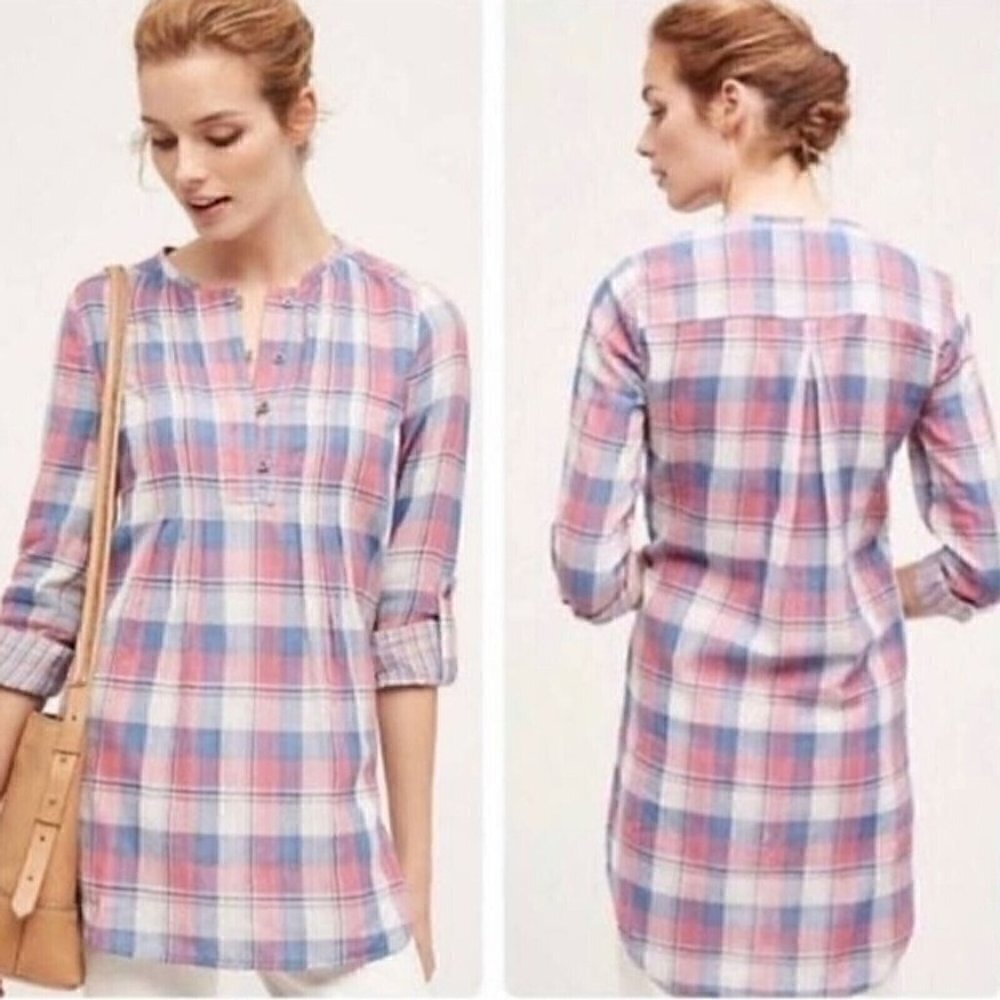 Holding Horses Pink Blue Plaid Tunic Top Size 12 Gauze Roll Tab Sleeve Hi Low